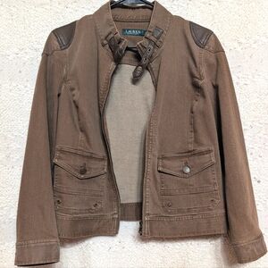 Lauren Ralph Lauren Tan Jacket with Leather Accents Women's 12 Brown Denim Moto